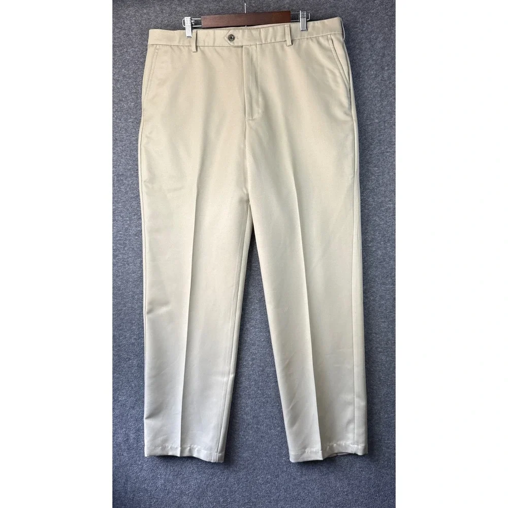 IZOD Golf Pants Mens 38x34 Tan Classic Fit Khaki Polyester Trousers Travel Sail